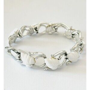 Vintage Signed STAR Silver Tone White Lucite Leaf Bracelet  7"
